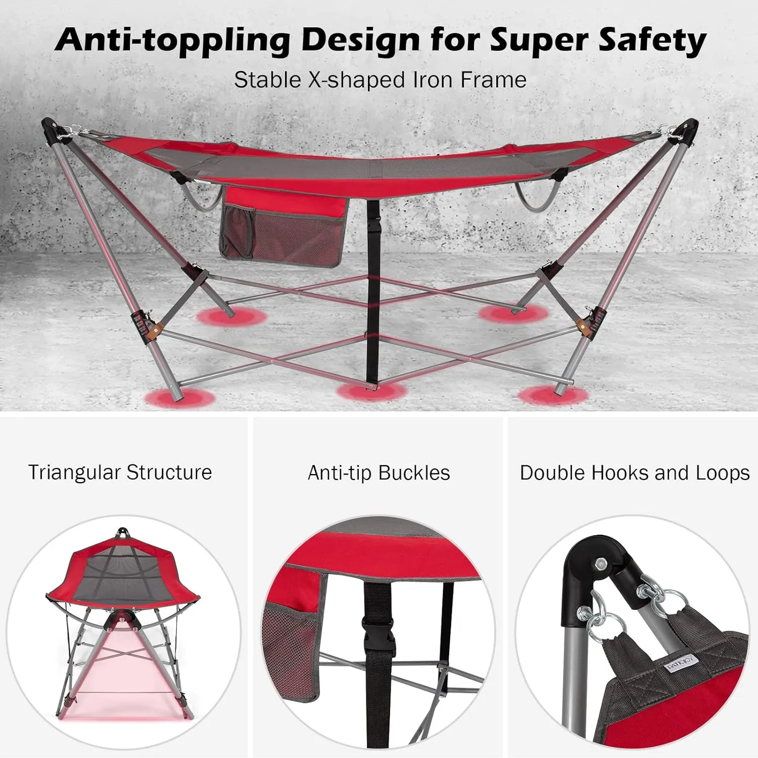 GYMAX Hammock with Stand Included, Camping Hammock with Carrying Bag & Storage Pocket, Portable Heavy Duty Self Standing Hammock, Indoor/Outdoor Hammock Chair for Patio Beach Yard Garden (Red)