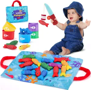 hahaland Toddler Toys Montessori Toys for 1 Year Old Boy Girl Birthday Gift, 10 in 1 Cloth Fishing Game with Stacking Cups- Number Counting, Color Sorting, Shape Learning 1 Year Old Girl Boy Gifts