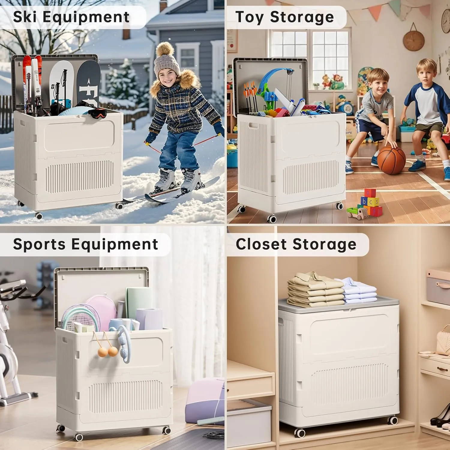 HAIXIN 157QT Storage Bins with Lids, Collapsible Closet Organizers and Storage with Wheels, Loackable Boxes for Toys, Blanket and Clothes(Milk White)