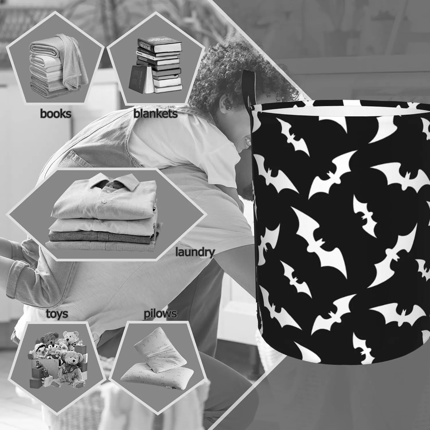 Halloween Bats Collapsible Laundry Basket,Black Bat Bedroom Waterproof Laundry Hamper,Bathroom Large Storage Bag,College Dormitory Living Room Nursery Organizer Toy Bin 16" x 20"