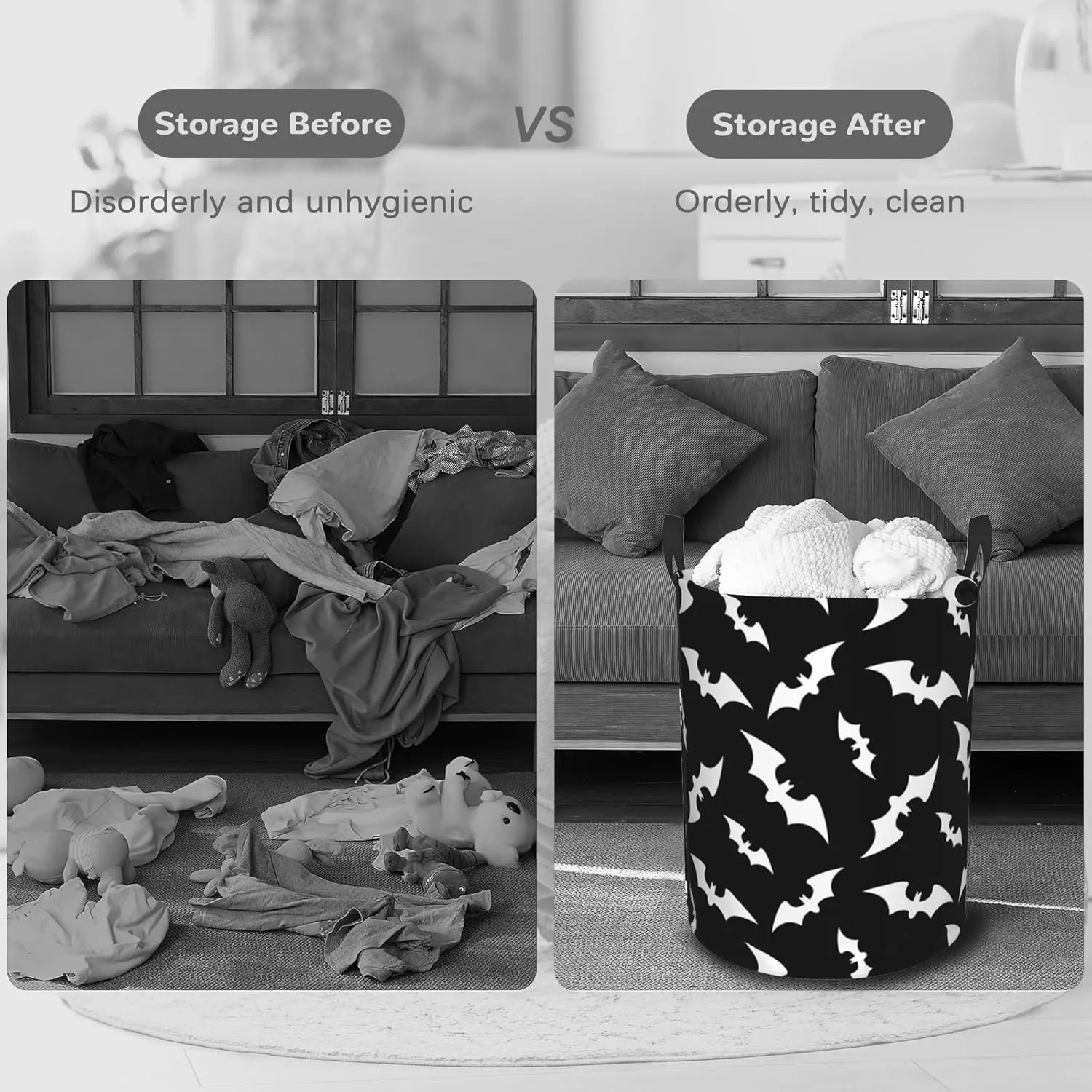 Halloween Bats Collapsible Laundry Basket,Black Bat Bedroom Waterproof Laundry Hamper,Bathroom Large Storage Bag,College Dormitory Living Room Nursery Organizer Toy Bin 16" x 20"