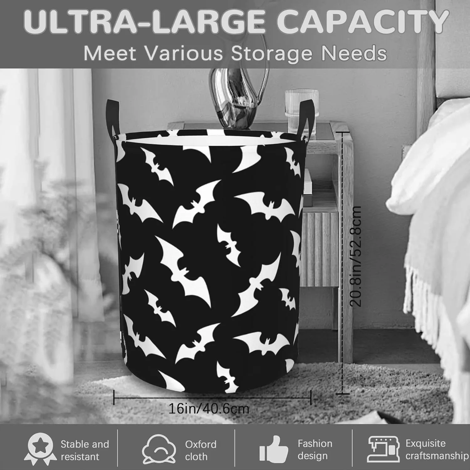 Halloween Bats Collapsible Laundry Basket,Black Bat Bedroom Waterproof Laundry Hamper,Bathroom Large Storage Bag,College Dormitory Living Room Nursery Organizer Toy Bin 16" x 20"