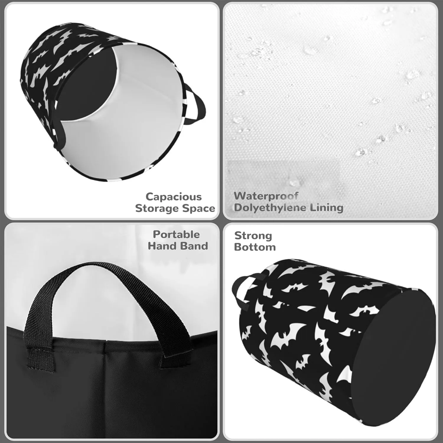 Halloween Bats Collapsible Laundry Basket,Black Bat Bedroom Waterproof Laundry Hamper,Bathroom Large Storage Bag,College Dormitory Living Room Nursery Organizer Toy Bin 16" x 20"