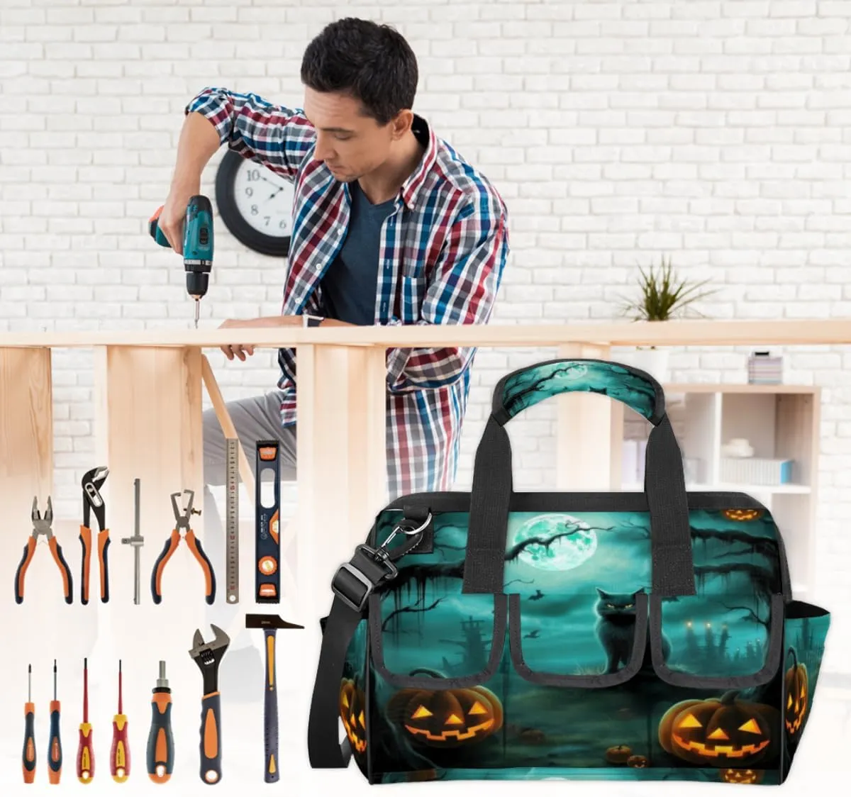 Halloween Cat Pumpkins Bat Durable Tool Bag for Men with Multiple Pockets - Waterproof Oxford Cloth, Sturdy Zipper, Adjustable Shoulder Strap - Ideal for Woodworking, Maintenance, and Outdoor Activities