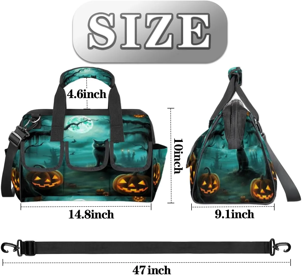 Halloween Cat Pumpkins Bat Durable Tool Bag for Men with Multiple Pockets - Waterproof Oxford Cloth, Sturdy Zipper, Adjustable Shoulder Strap - Ideal for Woodworking, Maintenance, and Outdoor Activities