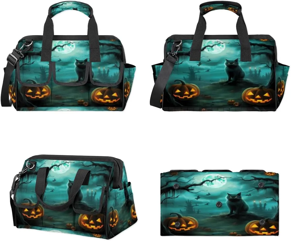 Halloween Cat Pumpkins Bat Durable Tool Bag for Men with Multiple Pockets - Waterproof Oxford Cloth, Sturdy Zipper, Adjustable Shoulder Strap - Ideal for Woodworking, Maintenance, and Outdoor Activities