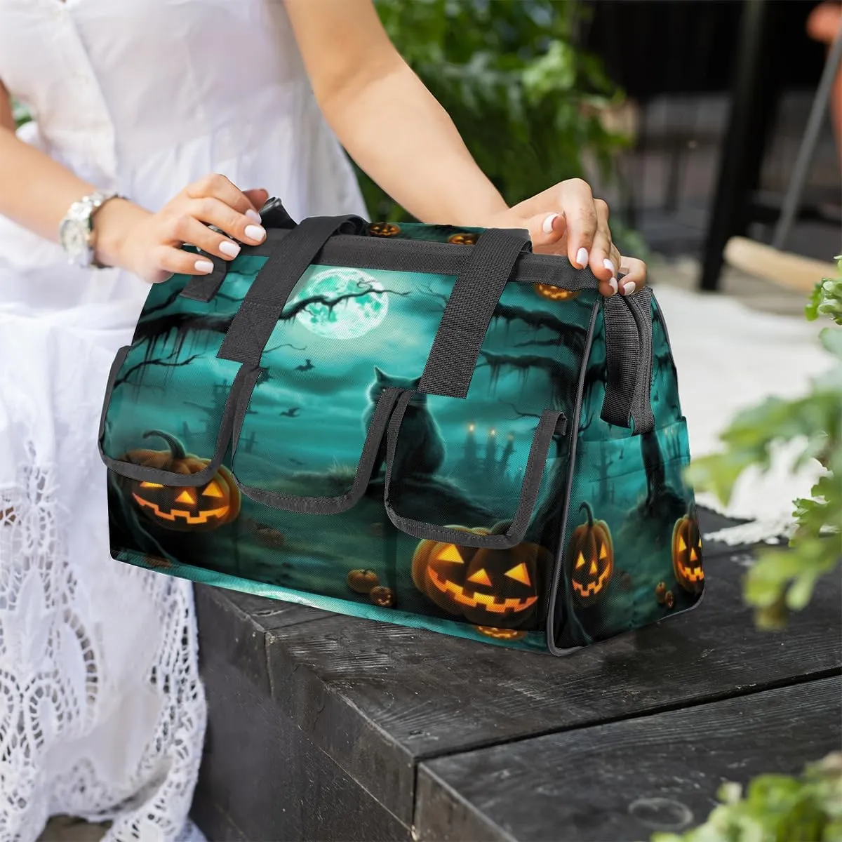 Halloween Cat Pumpkins Bat Durable Tool Bag for Men with Multiple Pockets - Waterproof Oxford Cloth, Sturdy Zipper, Adjustable Shoulder Strap - Ideal for Woodworking, Maintenance, and Outdoor Activities