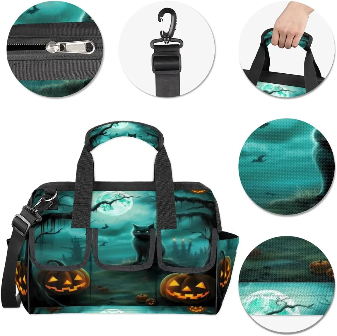 Halloween Cat Pumpkins Bat Durable Tool Bag for Men with Multiple Pockets - Waterproof Oxford Cloth, Sturdy Zipper, Adjustable Shoulder Strap - Ideal for Woodworking, Maintenance, and Outdoor Activities