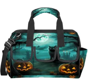 Halloween Cat Pumpkins Bat Durable Tool Bag for Men with Multiple Pockets - Waterproof Oxford Cloth, Sturdy Zipper, Adjustable Shoulder Strap - Ideal for Woodworking, Maintenance, and Outdoor Activities