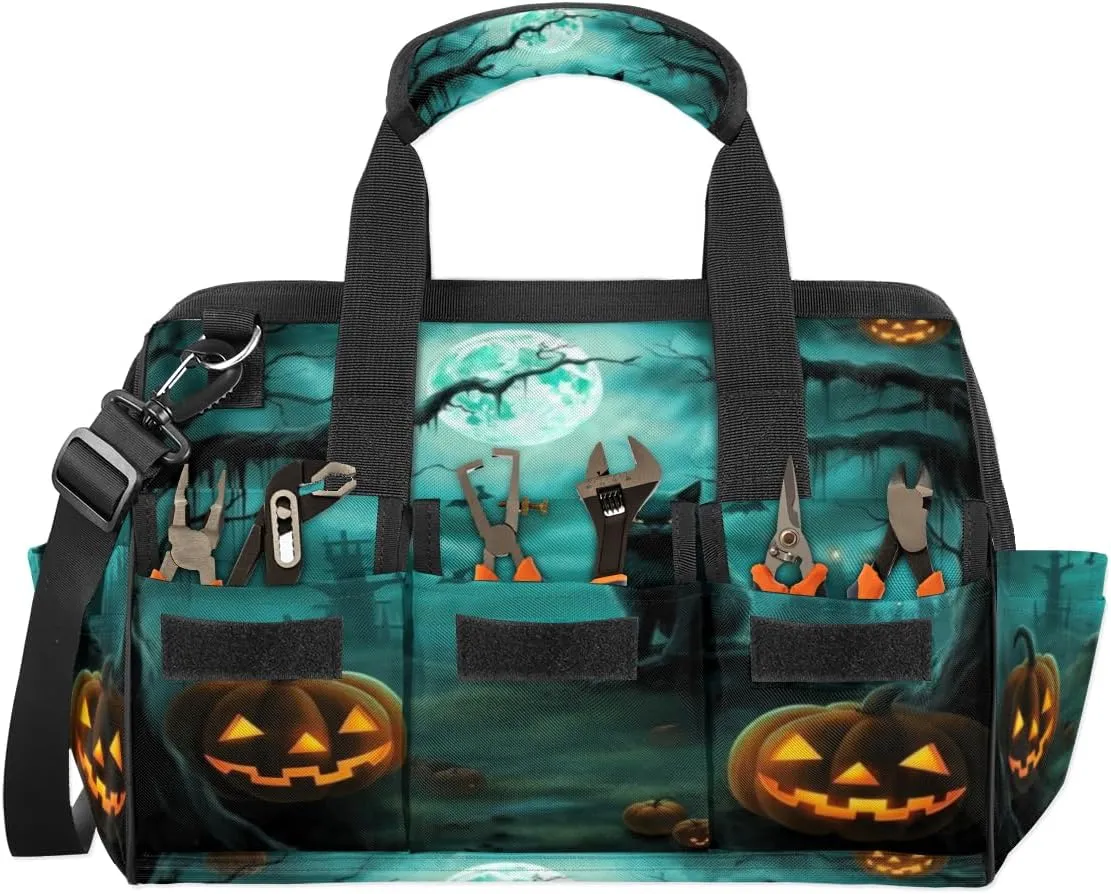 Halloween Cat Pumpkins Bat Durable Tool Bag for Men with Multiple Pockets - Waterproof Oxford Cloth, Sturdy Zipper, Adjustable Shoulder Strap - Ideal for Woodworking, Maintenance, and Outdoor Activities