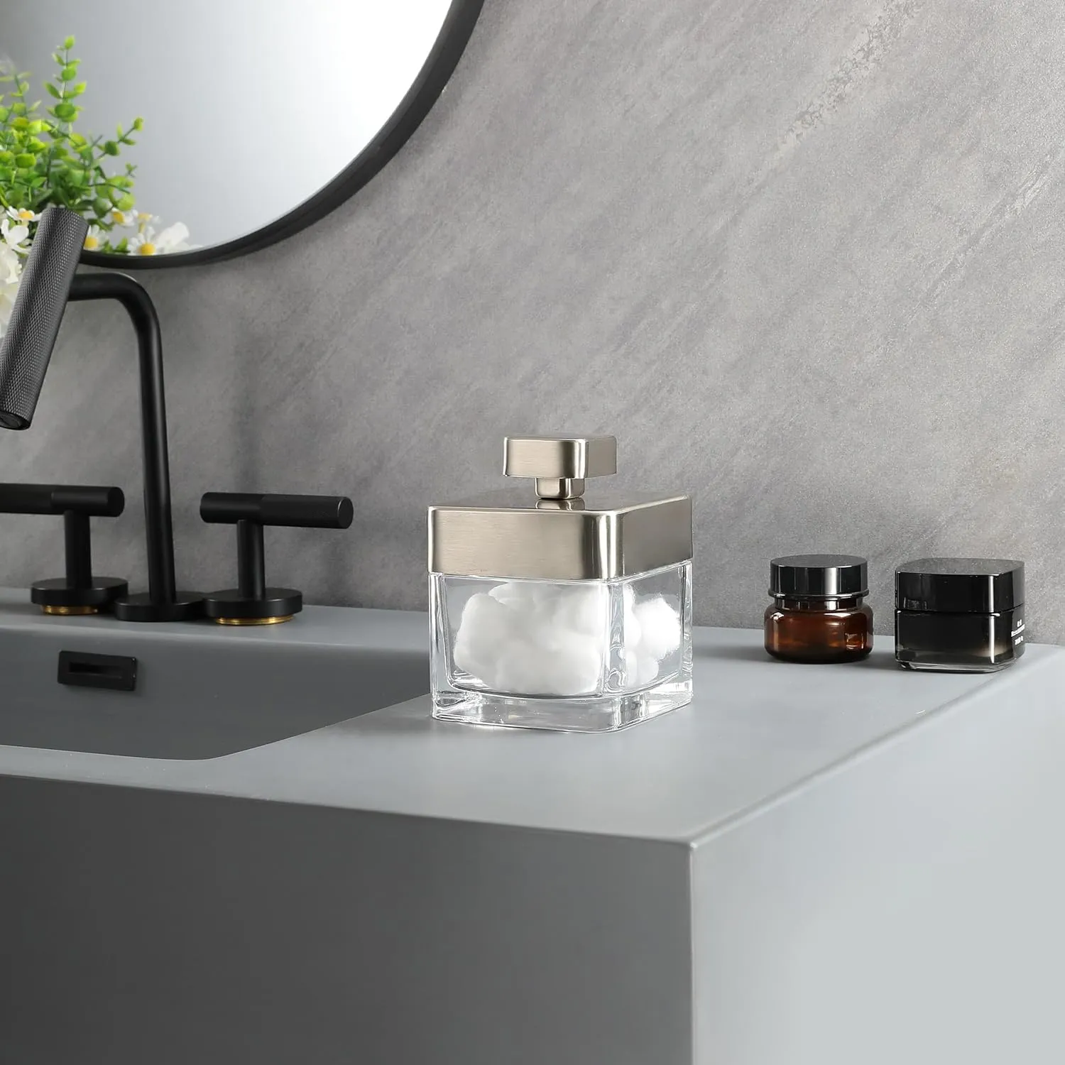 HALSTON H Glass Apothecary Cotton Jar – Elegant Bathroom Vanity Storage Container for Cotton Balls, Swabs & Beauty Essentials – Modern Clear Glass Organizer for Countertops