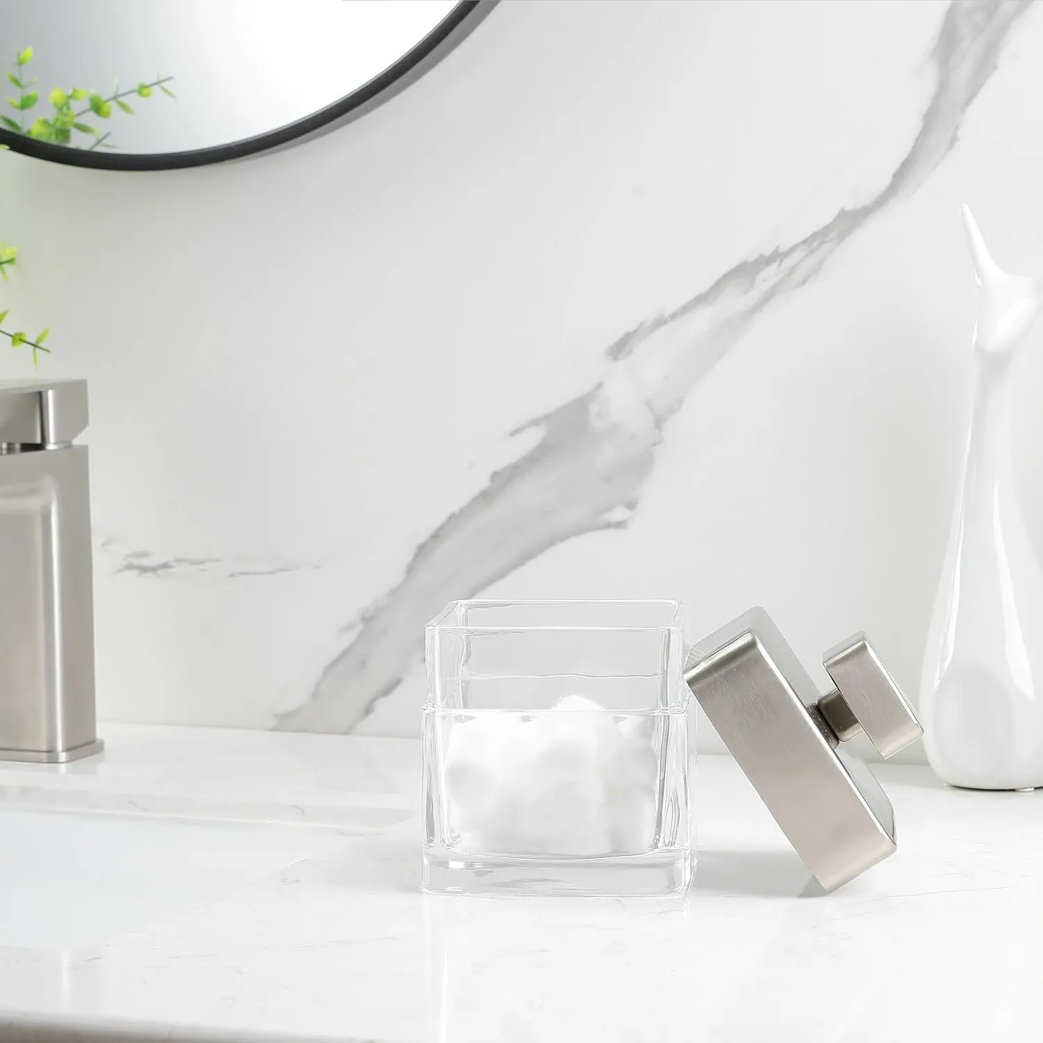HALSTON H Glass Apothecary Cotton Jar – Elegant Bathroom Vanity Storage Container for Cotton Balls, Swabs & Beauty Essentials – Modern Clear Glass Organizer for Countertops
