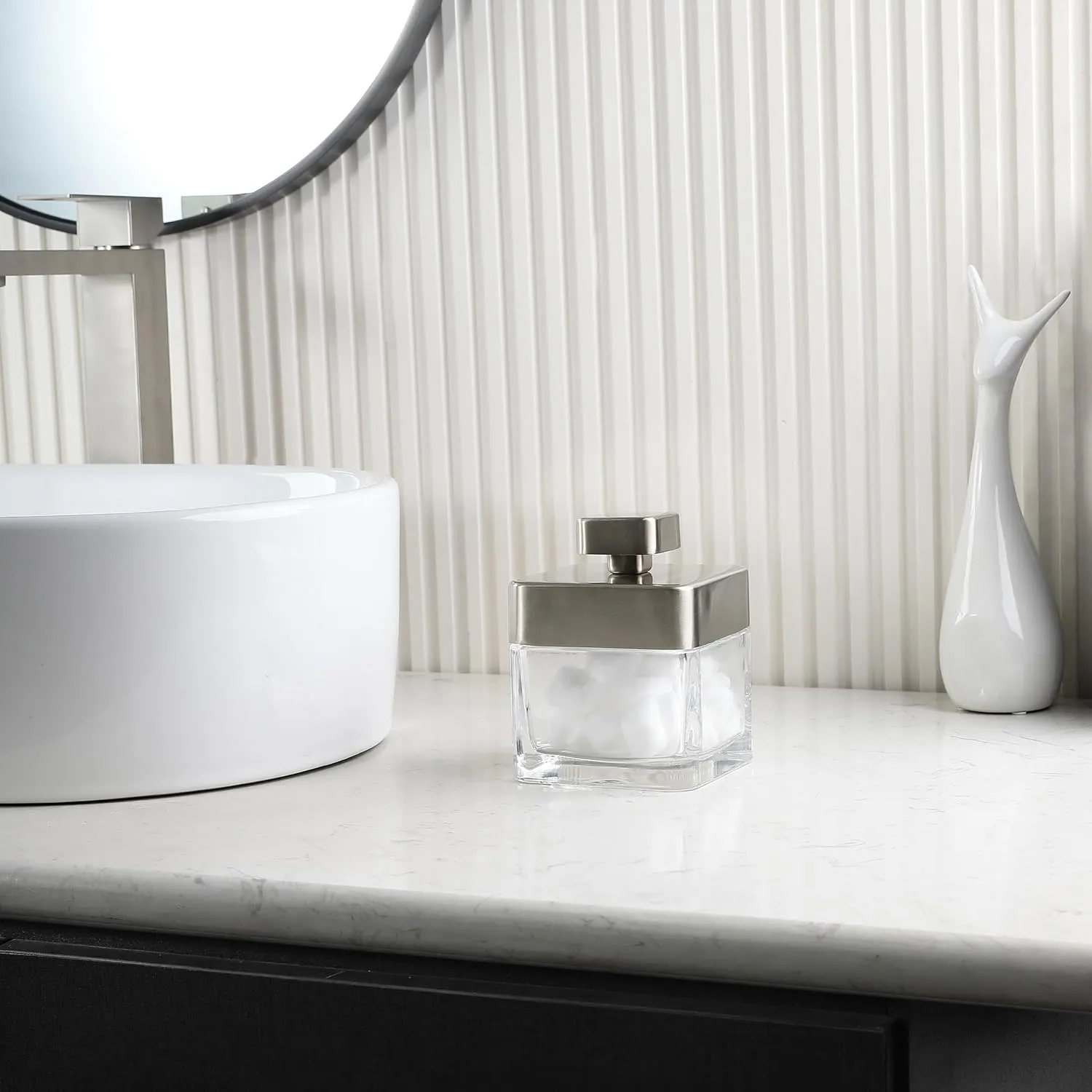 HALSTON H Glass Apothecary Cotton Jar – Elegant Bathroom Vanity Storage Container for Cotton Balls, Swabs & Beauty Essentials – Modern Clear Glass Organizer for Countertops