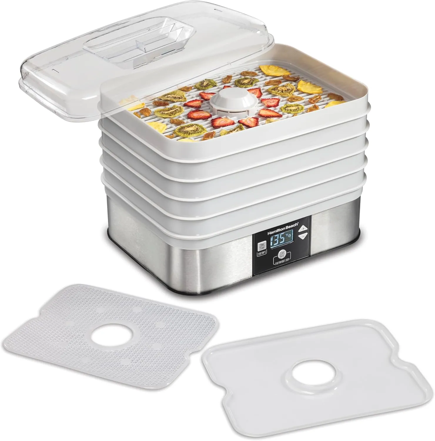 Hamilton Beach Digital Food Dehydrator for Fruit and Jerky, Vegetables and More, 5 Trays, Adjustable Temperature, 48 Hour Timer   Auto Shutoff, Grey (32100A)