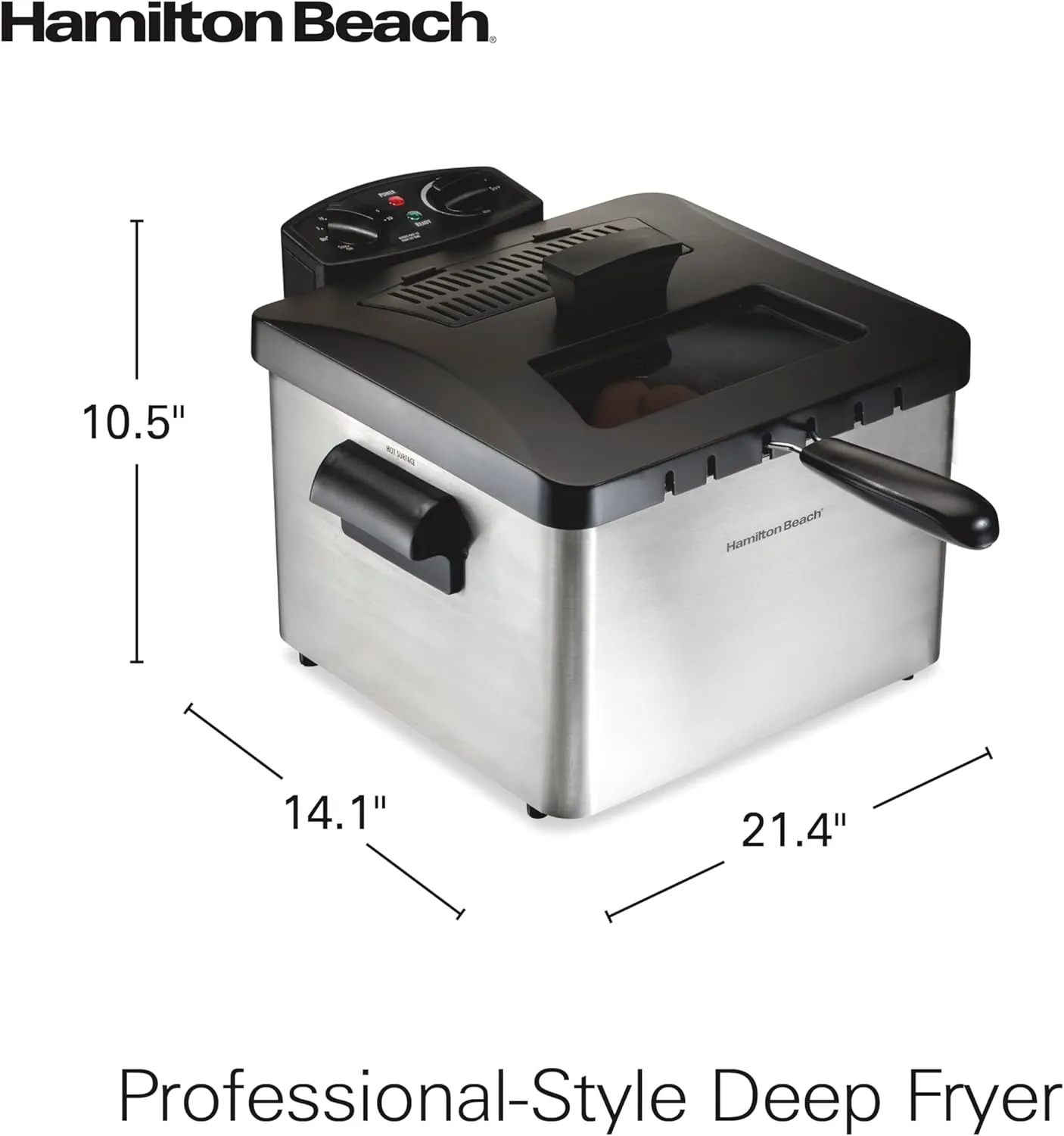 Hamilton Beach Electric Deep Fryer with 3 Baskets and Lid, 4.5 Liters / 19 Cups Oil Capacity, Temperature Control, View Window, Professional Style, 1800 Watts, Stainless Steel (35034)