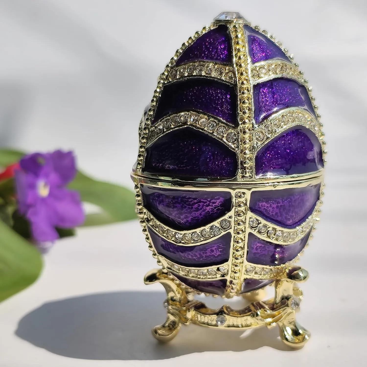 Hand Painted Enamel Easter Egg Jewelry Box with Sparkle Rhinestones Desktop Storage Faberge Egg Trinket Box Ring Earring Organizer Home & Office Decor Purple