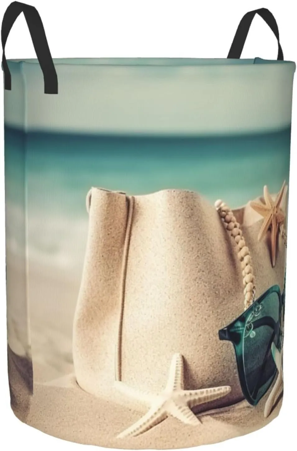 Handbag Sea Summer Starfish Sand Glasses Print Laundry Hamper Circular Waterproof Storage Basket Protable Dirty Clothes Hamper Storage Bin For Home Organizer Living Room Bathroom Car