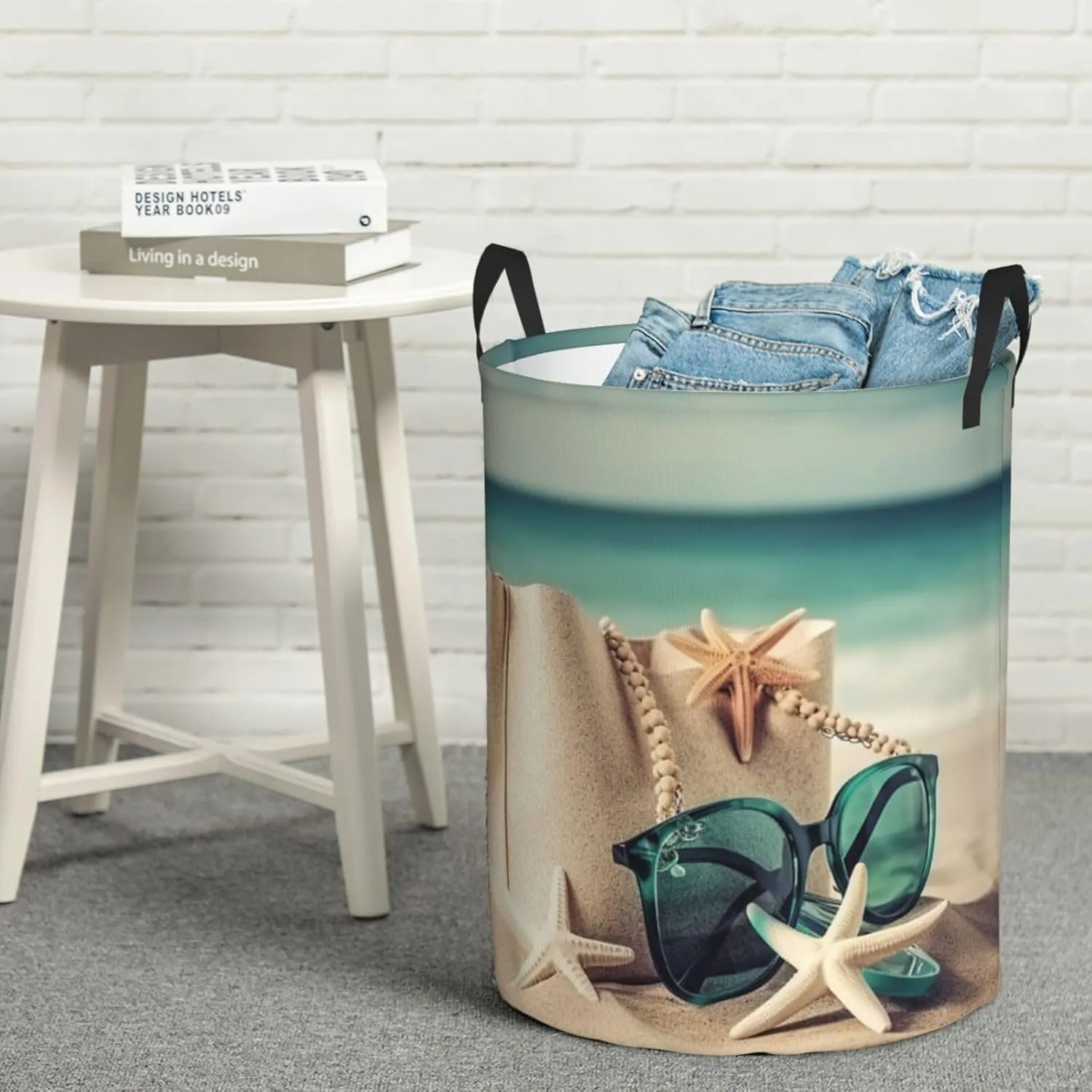 Handbag Sea Summer Starfish Sand Glasses Print Laundry Hamper Circular Waterproof Storage Basket Protable Dirty Clothes Hamper Storage Bin For Home Organizer Living Room Bathroom Car