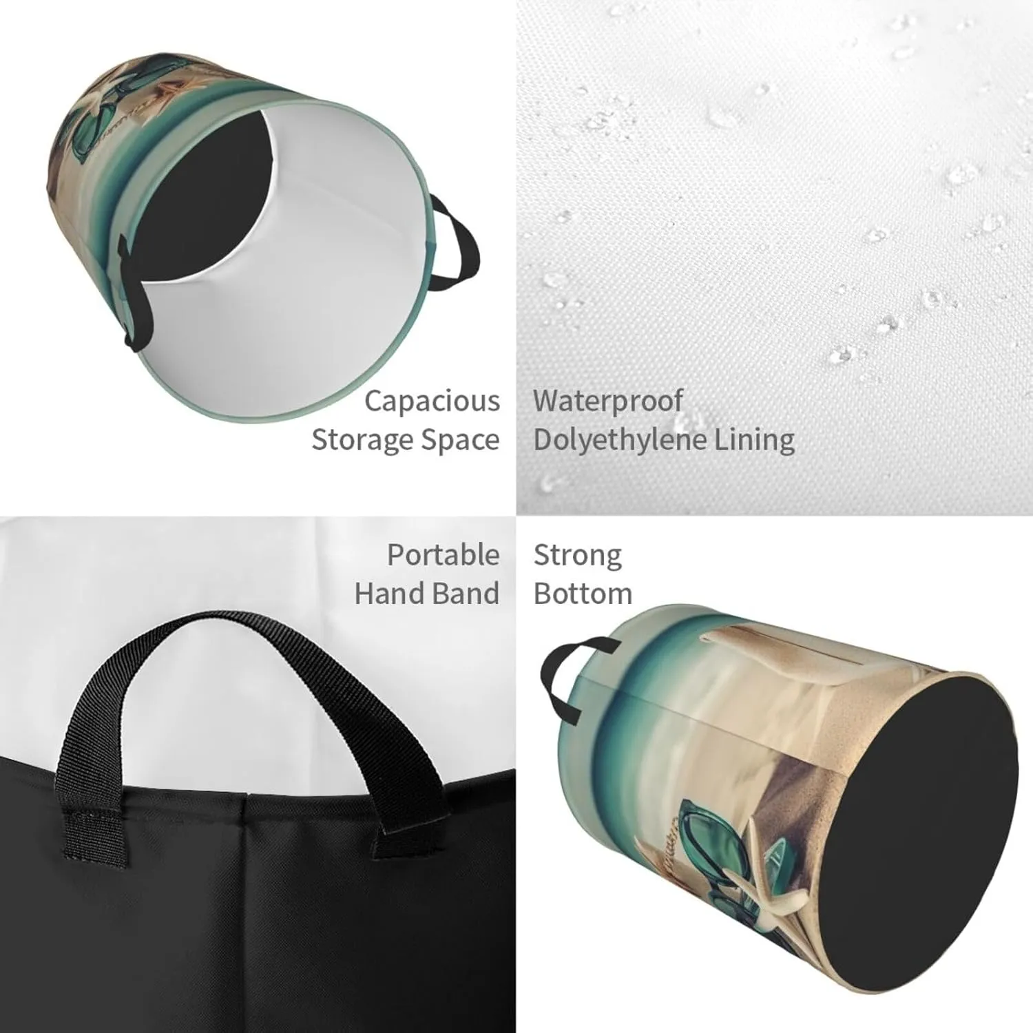 Handbag Sea Summer Starfish Sand Glasses Print Laundry Hamper Circular Waterproof Storage Basket Protable Dirty Clothes Hamper Storage Bin For Home Organizer Living Room Bathroom Car