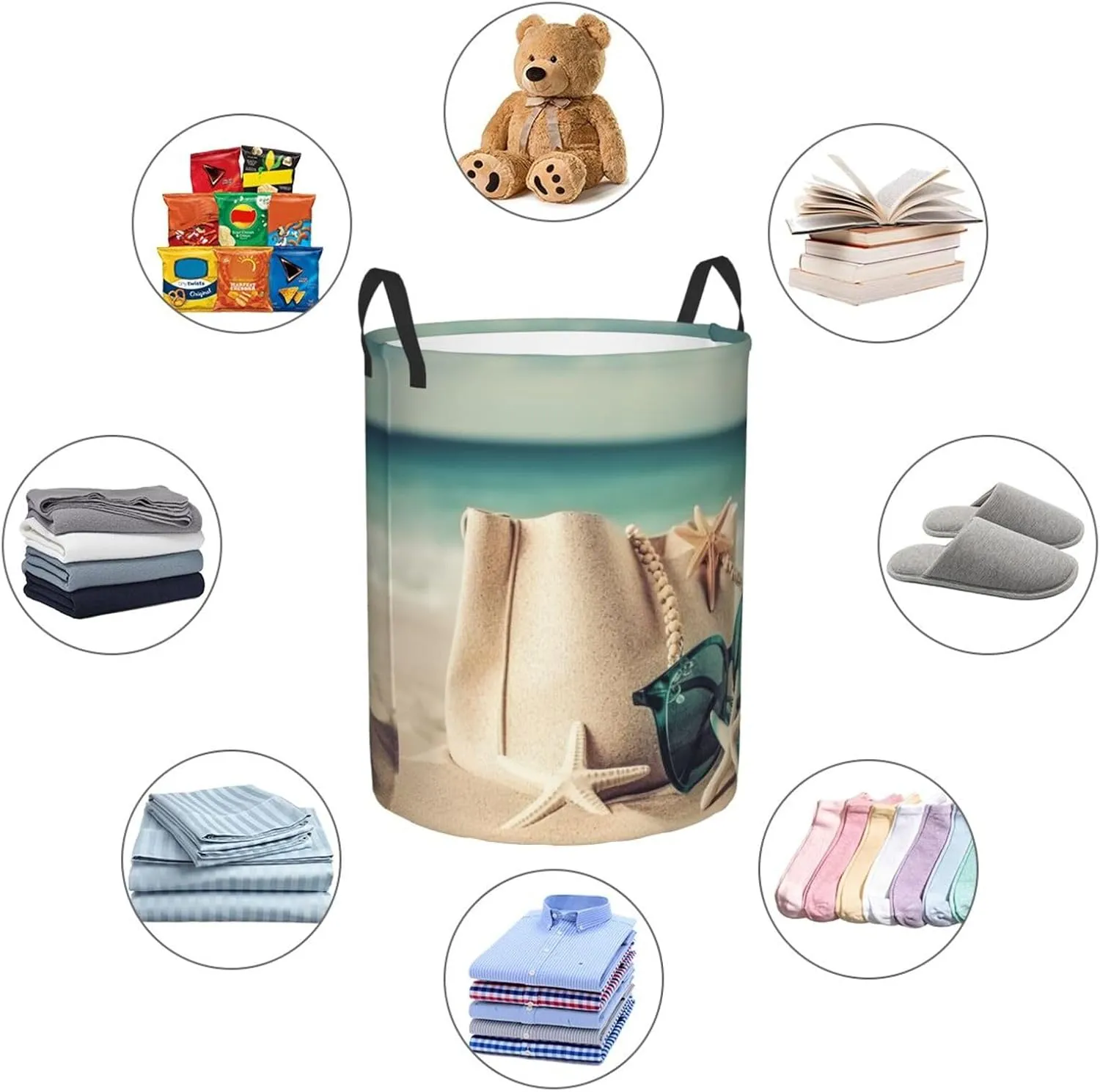 Handbag Sea Summer Starfish Sand Glasses Print Laundry Hamper Circular Waterproof Storage Basket Protable Dirty Clothes Hamper Storage Bin For Home Organizer Living Room Bathroom Car