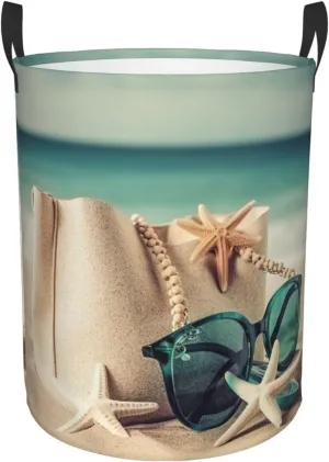 Handbag Sea Summer Starfish Sand Glasses Print Laundry Hamper Circular Waterproof Storage Basket Protable Dirty Clothes Hamper Storage Bin For Home Organizer Living Room Bathroom Car