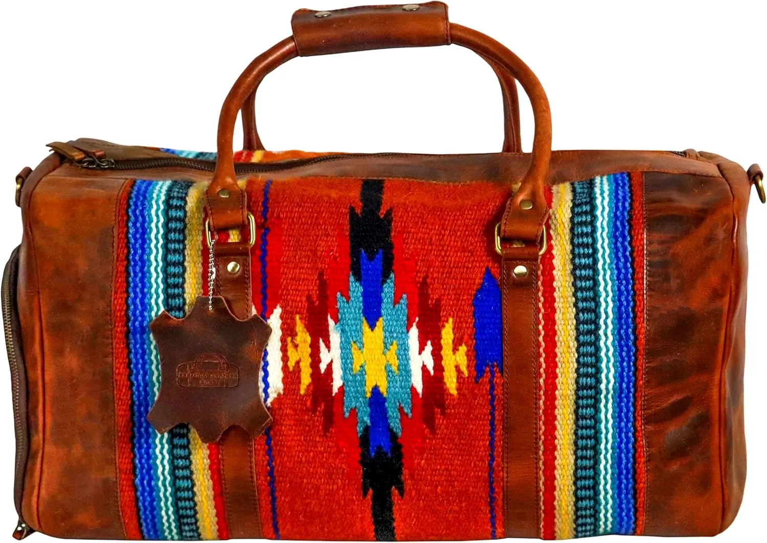 Handmade Premium Duffle Bag leather heavy duty Gym Sports Airplane Overnight Luggage Carry On Unisex Travel Hand woven Rug Bag Wollen Bag Gift for His/Her (RUG DUFFLE BAG STYLE_01)