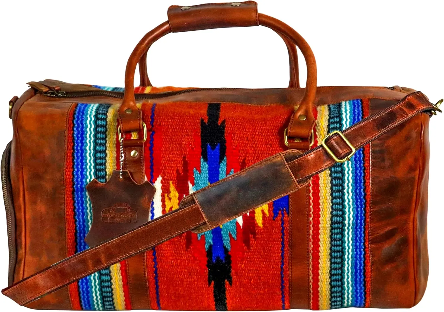 Handmade Premium Duffle Bag leather heavy duty Gym Sports Airplane Overnight Luggage Carry On Unisex Travel Hand woven Rug Bag Wollen Bag Gift for His/Her (RUG DUFFLE BAG STYLE_01)
