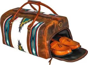 Handmade Premium Duffle Bag leather heavy duty Gym Sports Airplane Overnight Luggage Carry On Unisex Travel Hand woven Rug Bag Wollen Bag Gift for His/Her (RUG DUFFLE BAG STYLE_04)