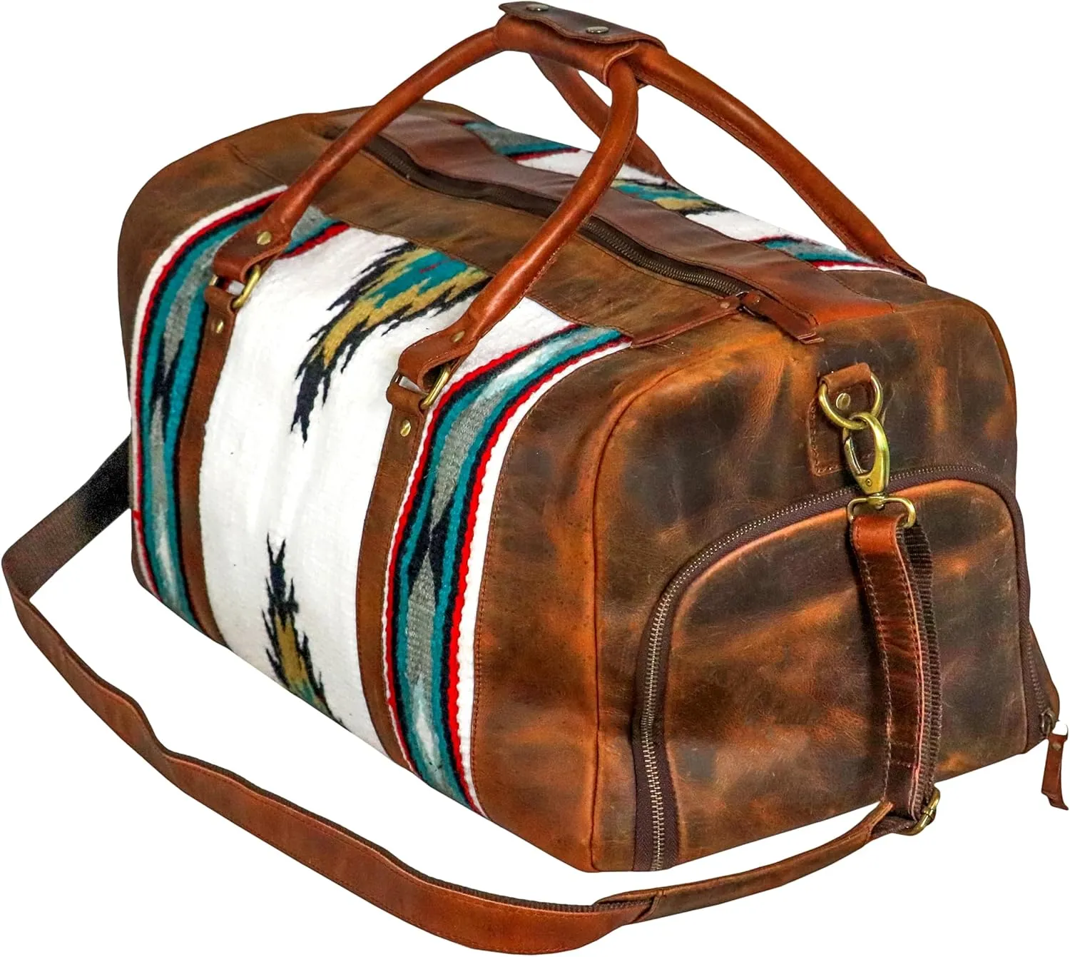 Handmade Premium Duffle Bag leather heavy duty Gym Sports Airplane Overnight Luggage Carry On Unisex Travel Hand woven Rug Bag Wollen Bag Gift for His/Her (RUG DUFFLE BAG STYLE_04)