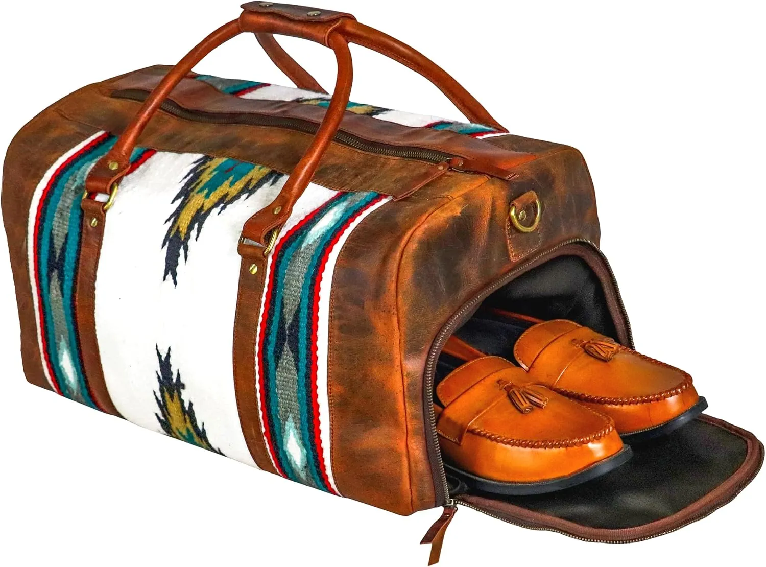 Handmade Premium Duffle Bag leather heavy duty Gym Sports Airplane Overnight Luggage Carry On Unisex Travel Hand woven Rug Bag Wollen Bag Gift for His/Her (RUG DUFFLE BAG STYLE_04)
