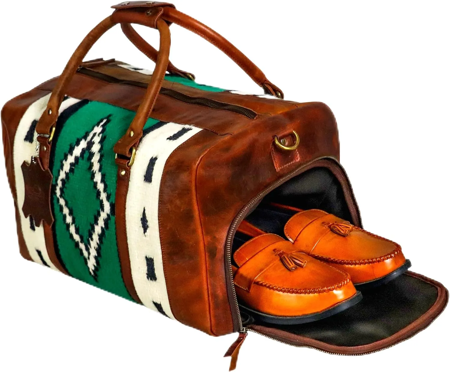 Handmade Premium Duffle Bag leather heavy duty Gym Sports Airplane Overnight Luggage Carry On Unisex Travel Hand woven Rug Bag Wollen Bag Gift for His/Her (RUG DUFFLE BAG STYLE_05)