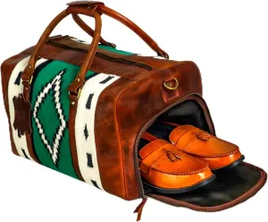 Handmade Premium Duffle Bag leather heavy duty Gym Sports Airplane Overnight Luggage Carry On Unisex Travel Hand woven Rug Bag Wollen Bag Gift for His/Her (RUG DUFFLE BAG STYLE_05)
