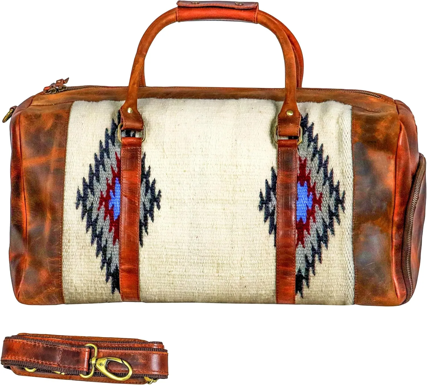 Handmade Premium Duffle Bag leather heavy duty Gym Sports Airplane Overnight Luggage Carry On Unisex Travel woven Rug Bag Wollen Bag Gift for His/Her (RUG DUFFLE BAG ARTICLE_02)