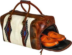 Handmade Premium Duffle Bag leather heavy duty Gym Sports Airplane Overnight Luggage Carry On Unisex Travel woven Rug Bag Wollen Bag Gift for His/Her (RUG DUFFLE BAG ARTICLE_02)