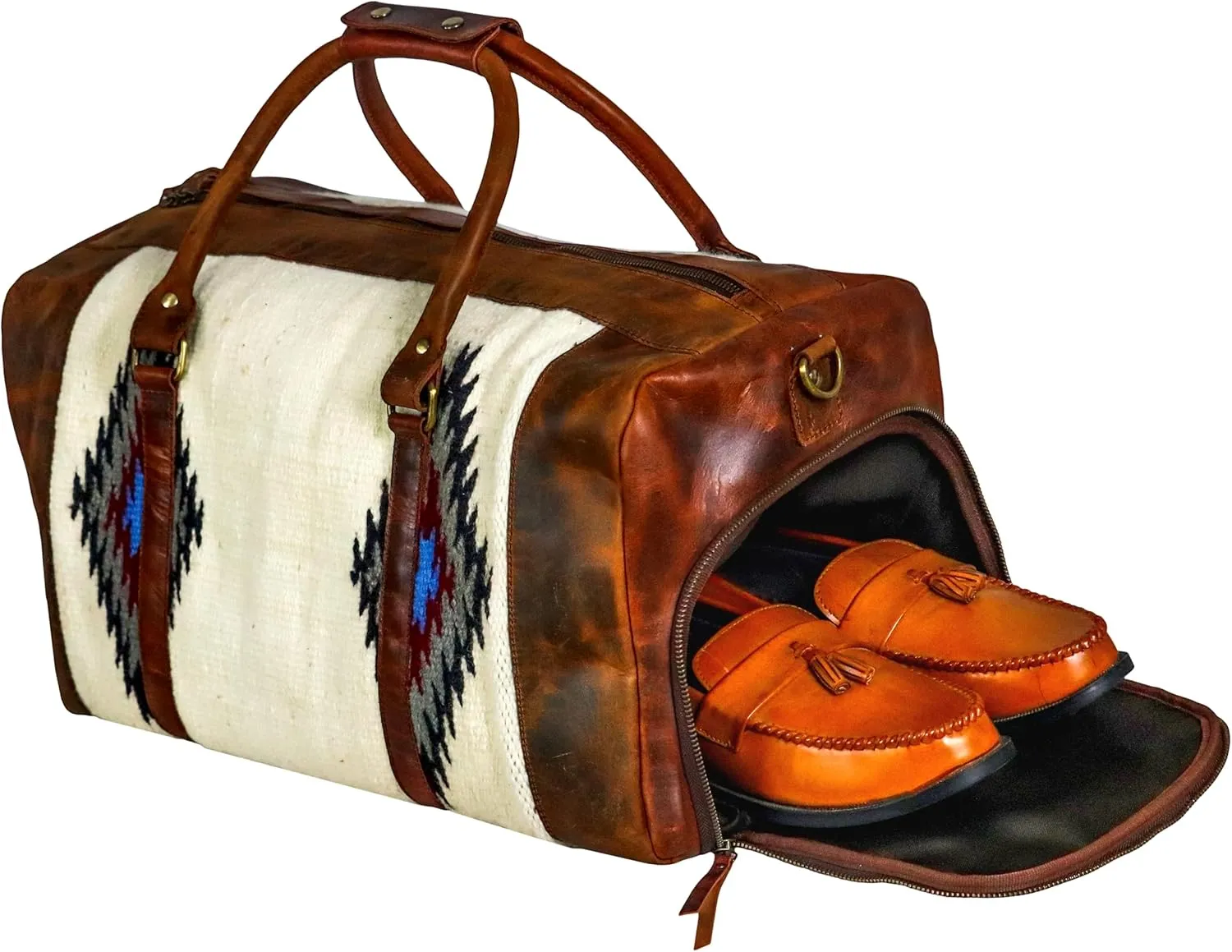 Handmade Premium Duffle Bag leather heavy duty Gym Sports Airplane Overnight Luggage Carry On Unisex Travel woven Rug Bag Wollen Bag Gift for His/Her (RUG DUFFLE BAG ARTICLE_02)
