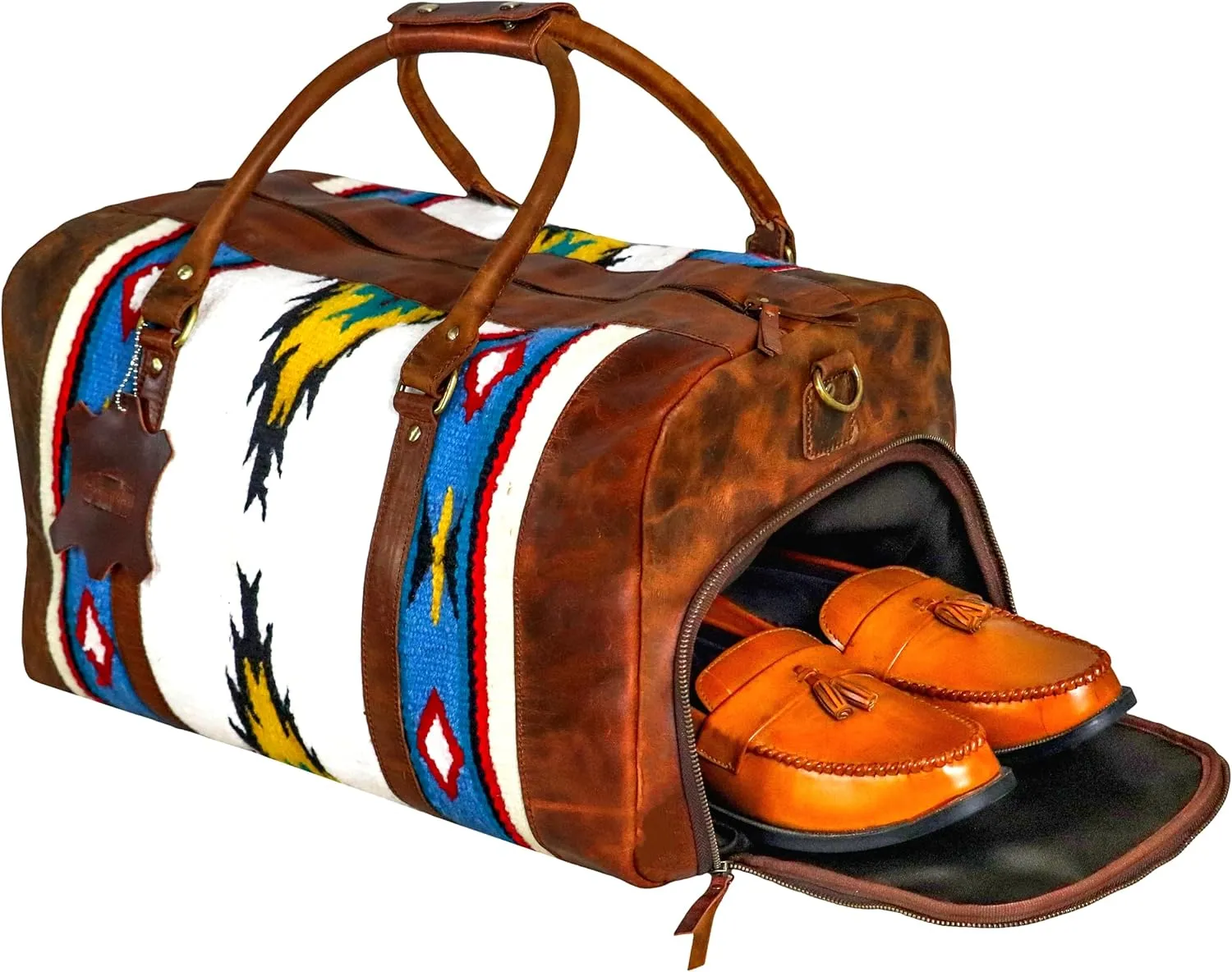 Handmade Premium Duffle Bag leather heavy duty Gym Sports Airplane Overnight Luggage Carry On Unisex Travel woven Rug Bag Wollen Bag Gift for His/Her (RUG DUFFLE BAG MODULE_02)