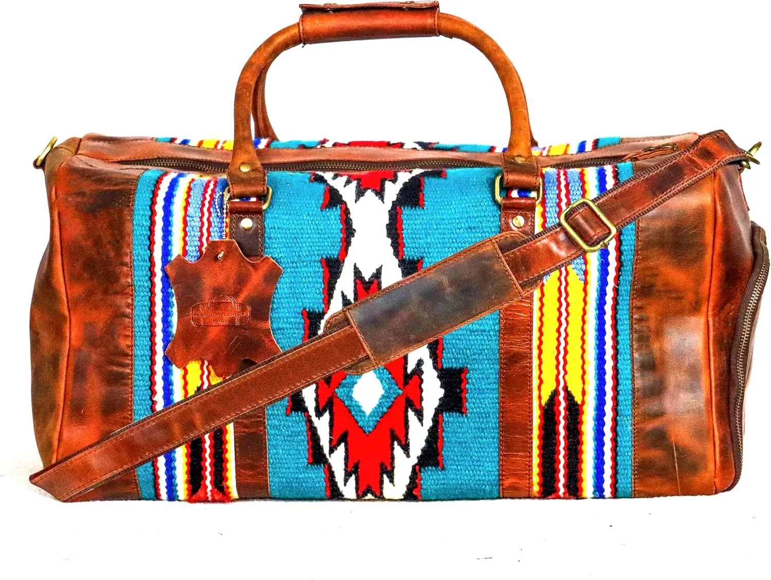Handmade Premium Duffle Bag leather heavy duty Gym Sports Airplane Overnight Luggage Carry On Unisex Travel woven Rug Bag Wollen Hand Bag Gift for His/Her (RUG DUFFLE BAG ARTICLE_05)