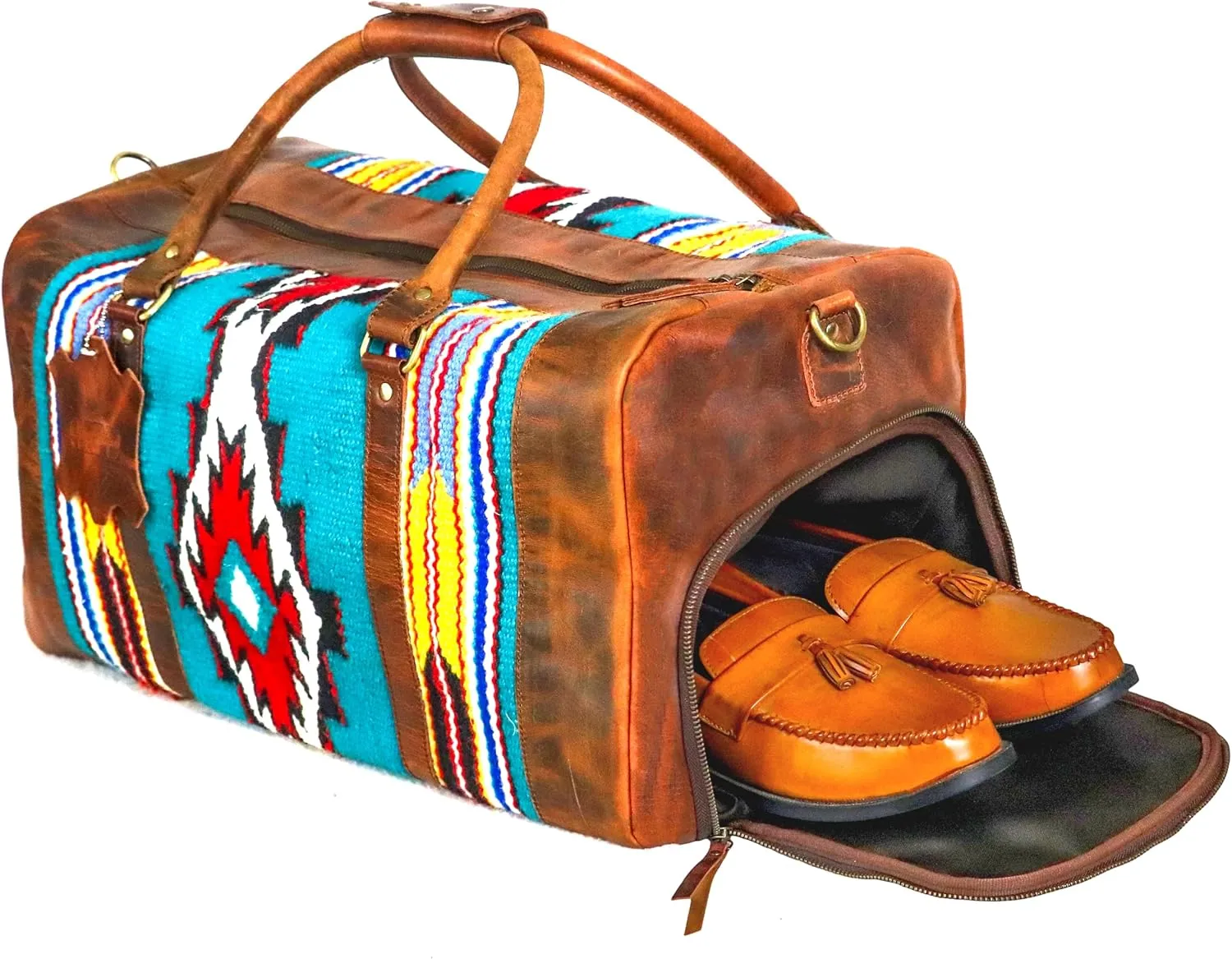 Handmade Premium Duffle Bag leather heavy duty Gym Sports Airplane Overnight Luggage Carry On Unisex Travel woven Rug Bag Wollen Hand Bag Gift for His/Her (RUG DUFFLE BAG ARTICLE_05)