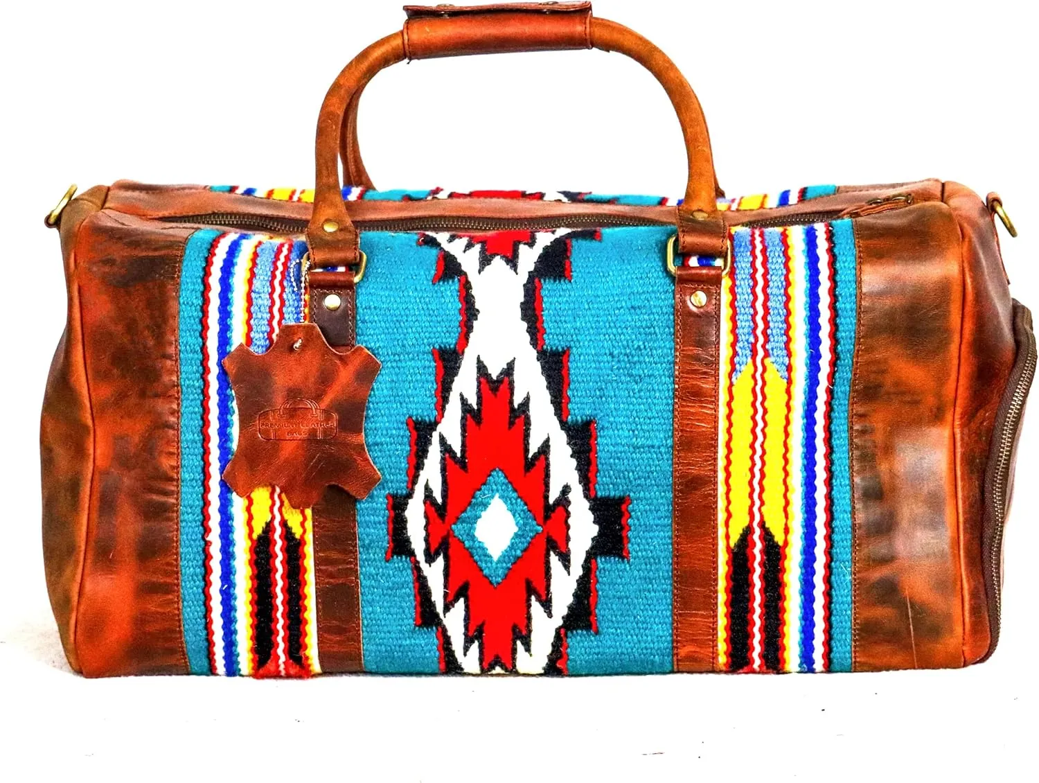 Handmade Premium Duffle Bag leather heavy duty Gym Sports Airplane Overnight Luggage Carry On Unisex Travel woven Rug Bag Wollen Hand Bag Gift for His/Her (RUG DUFFLE BAG ARTICLE_05)