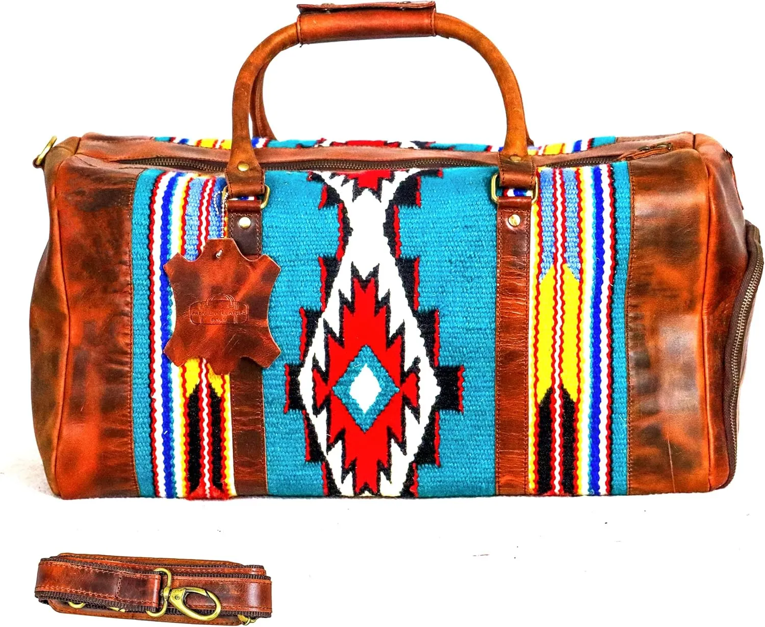 Handmade Premium Duffle Bag leather heavy duty Gym Sports Airplane Overnight Luggage Carry On Unisex Travel woven Rug Bag Wollen Hand Bag Gift for His/Her (RUG DUFFLE BAG ARTICLE_05)
