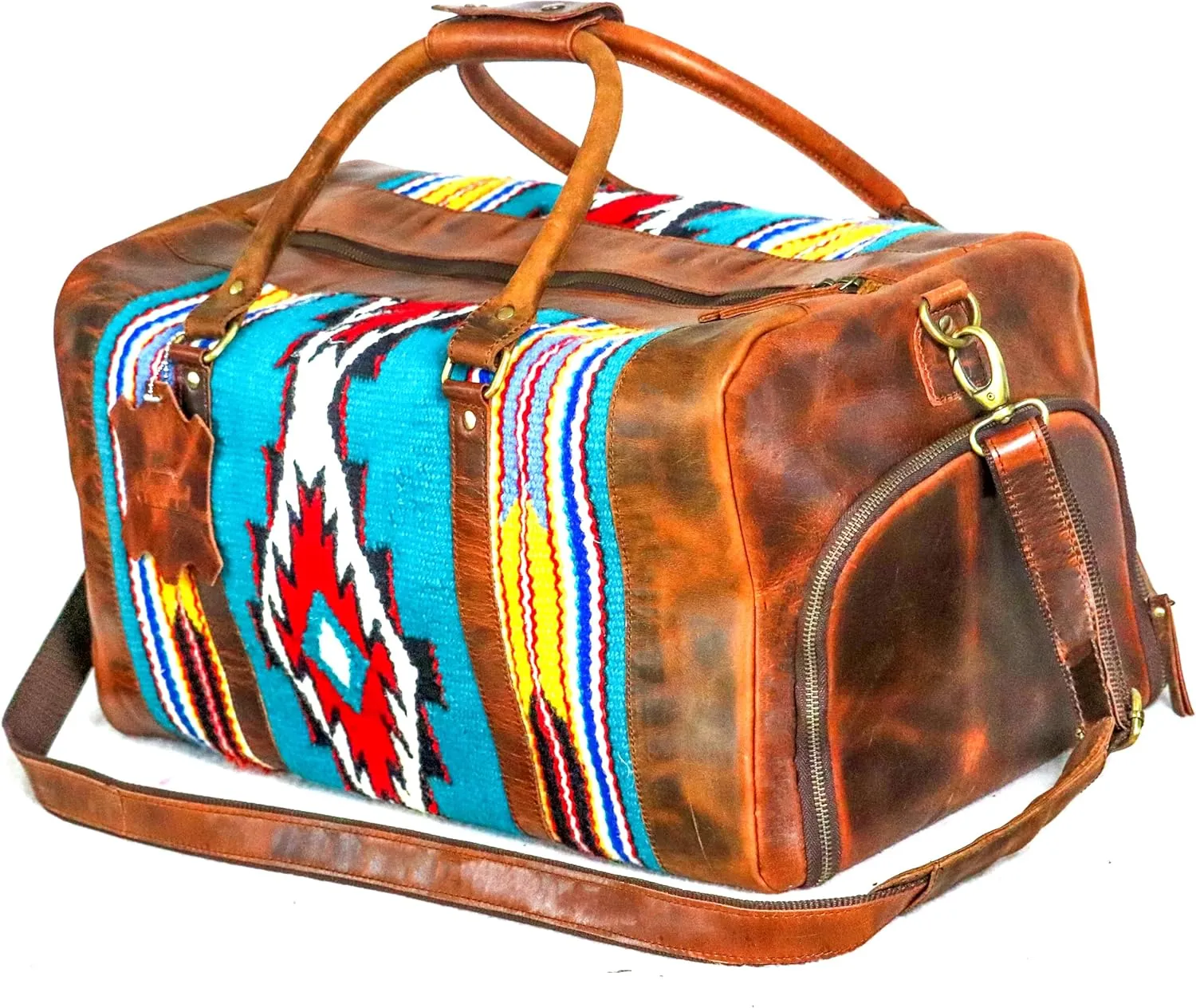 Handmade Premium Duffle Bag leather heavy duty Gym Sports Airplane Overnight Luggage Carry On Unisex Travel woven Rug Bag Wollen Hand Bag Gift for His/Her (RUG DUFFLE BAG ARTICLE_05)
