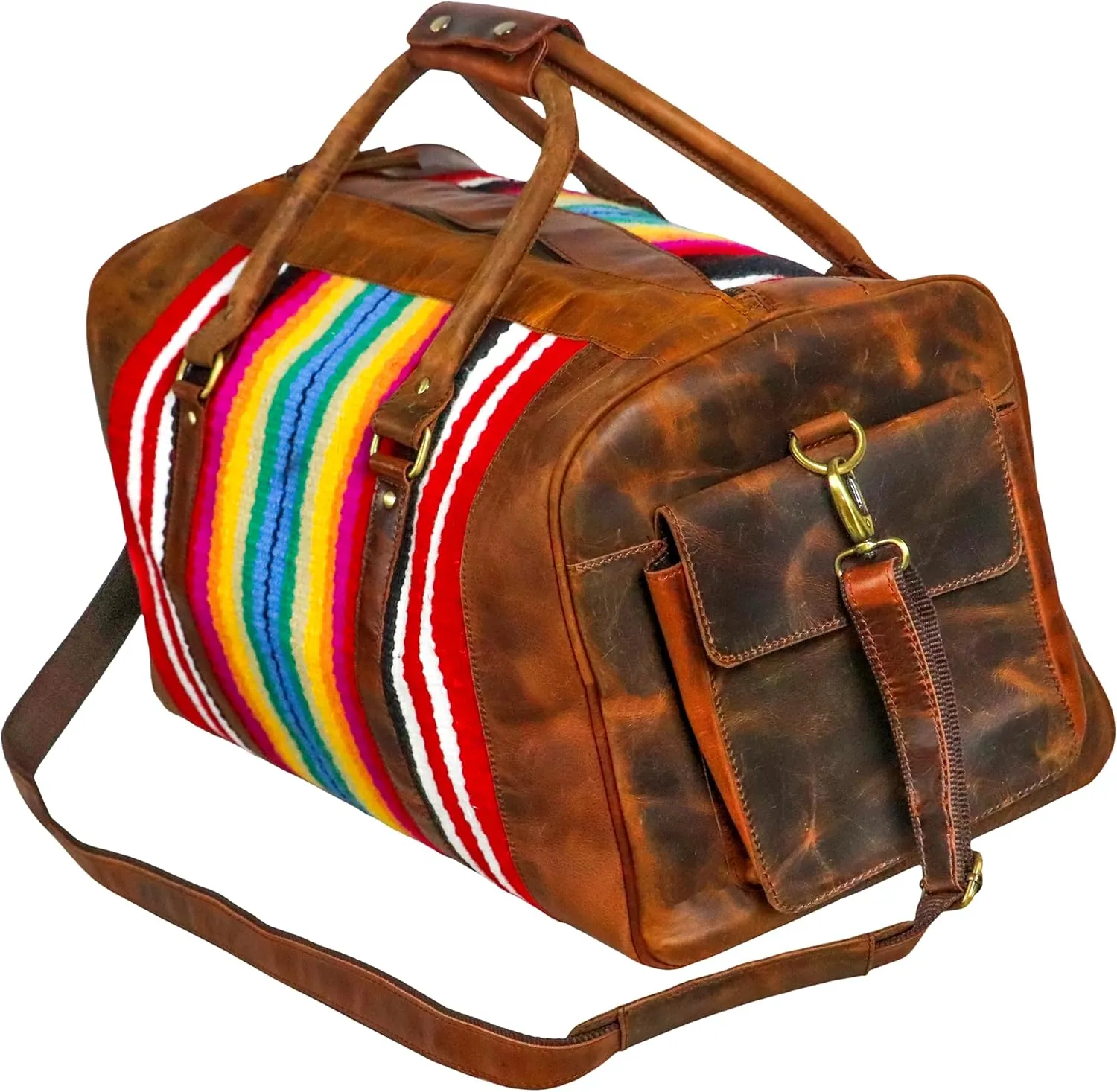 Handmade Premium Duffle Bag leather heavy duty Gym Sports Airplane Overnight Luggage Carry On Unisex Travel woven Rug Bag Wollen Hand Bag Gift for His/Her (RUG DUFFLE BAG DESIGN_01)