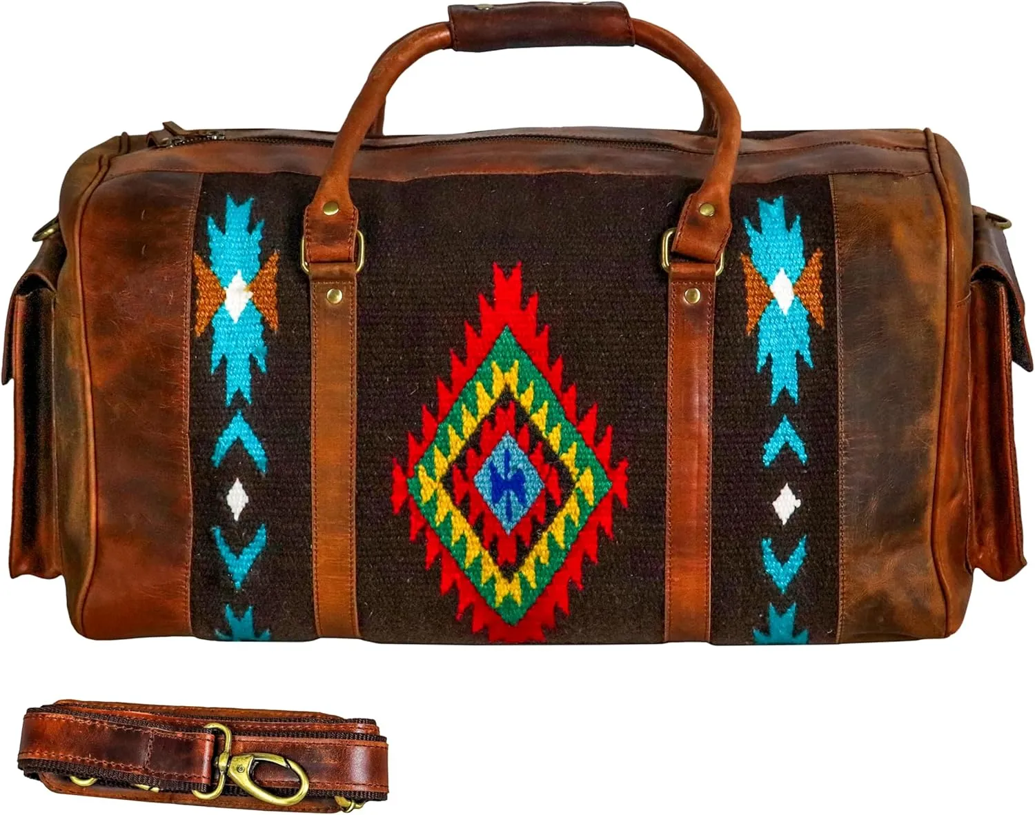 Handmade Premium Duffle Bag leather heavy duty Gym Sports Airplane Overnight Luggage Carry On Unisex Travel woven Rug Bag Wollen Hand Bag Gift for His/Her (RUG DUFFLE BAG DESIGN_05)