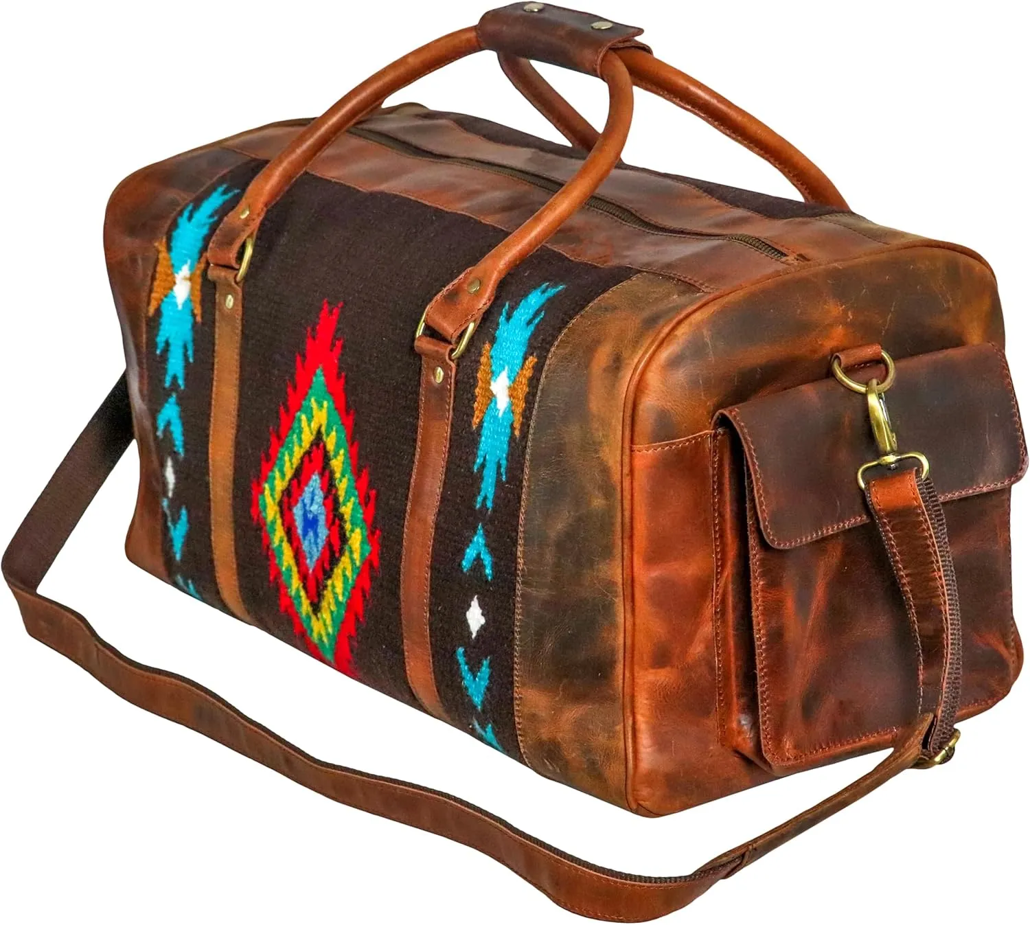 Handmade Premium Duffle Bag leather heavy duty Gym Sports Airplane Overnight Luggage Carry On Unisex Travel woven Rug Bag Wollen Hand Bag Gift for His/Her (RUG DUFFLE BAG DESIGN_05)
