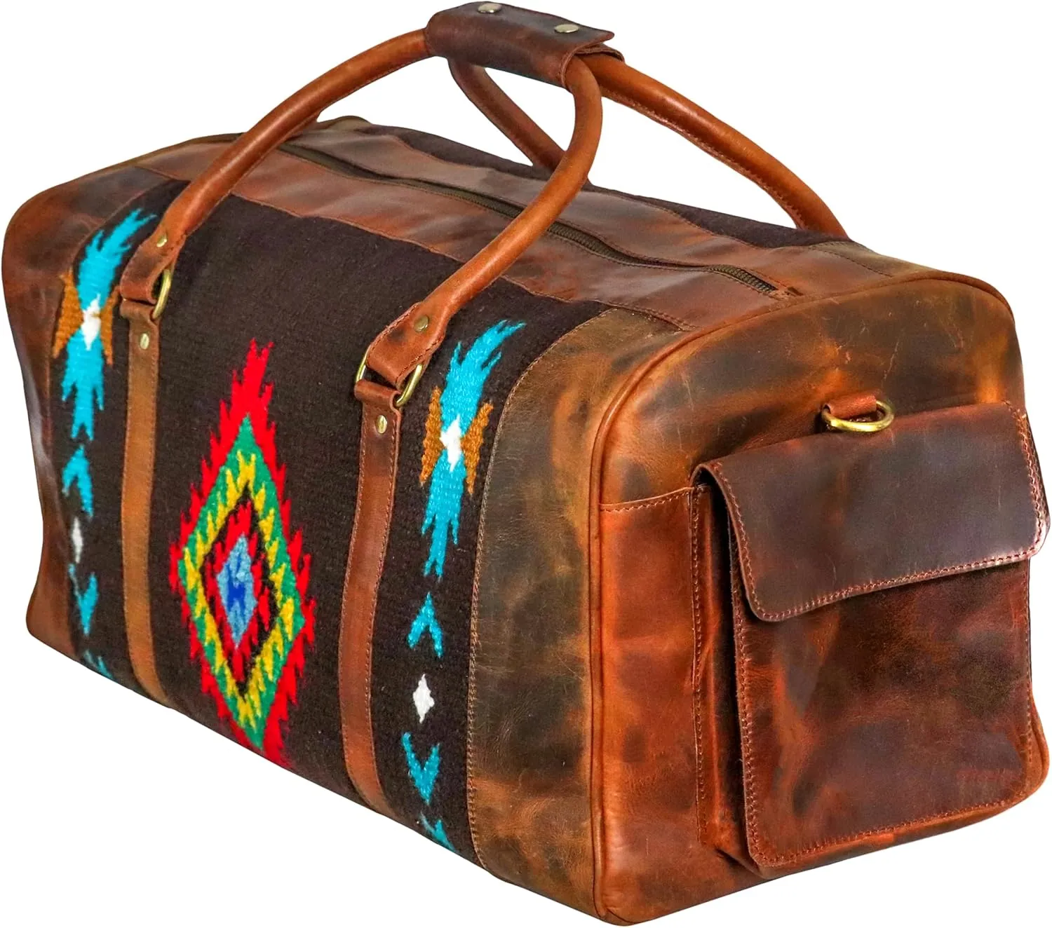 Handmade Premium Duffle Bag leather heavy duty Gym Sports Airplane Overnight Luggage Carry On Unisex Travel woven Rug Bag Wollen Hand Bag Gift for His/Her (RUG DUFFLE BAG DESIGN_05)