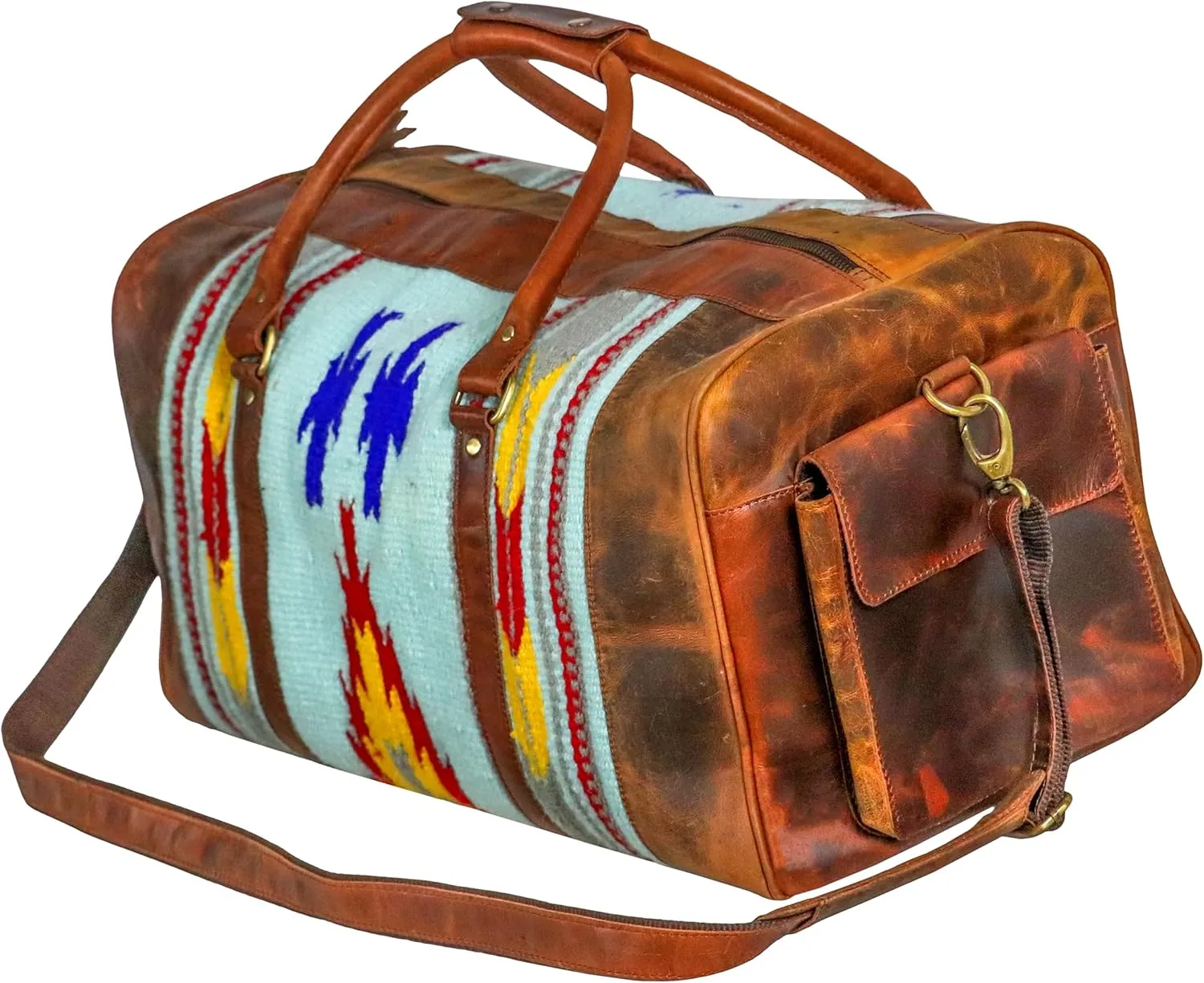 Handmade Premium Duffle Bag leather heavy duty Gym Sports Airplane Overnight Luggage Carry On Unisex Travel woven Rug Bag Wollen Hand Bag Gift for His/Her (RUG DUFFLE BAG DESIGN_06)