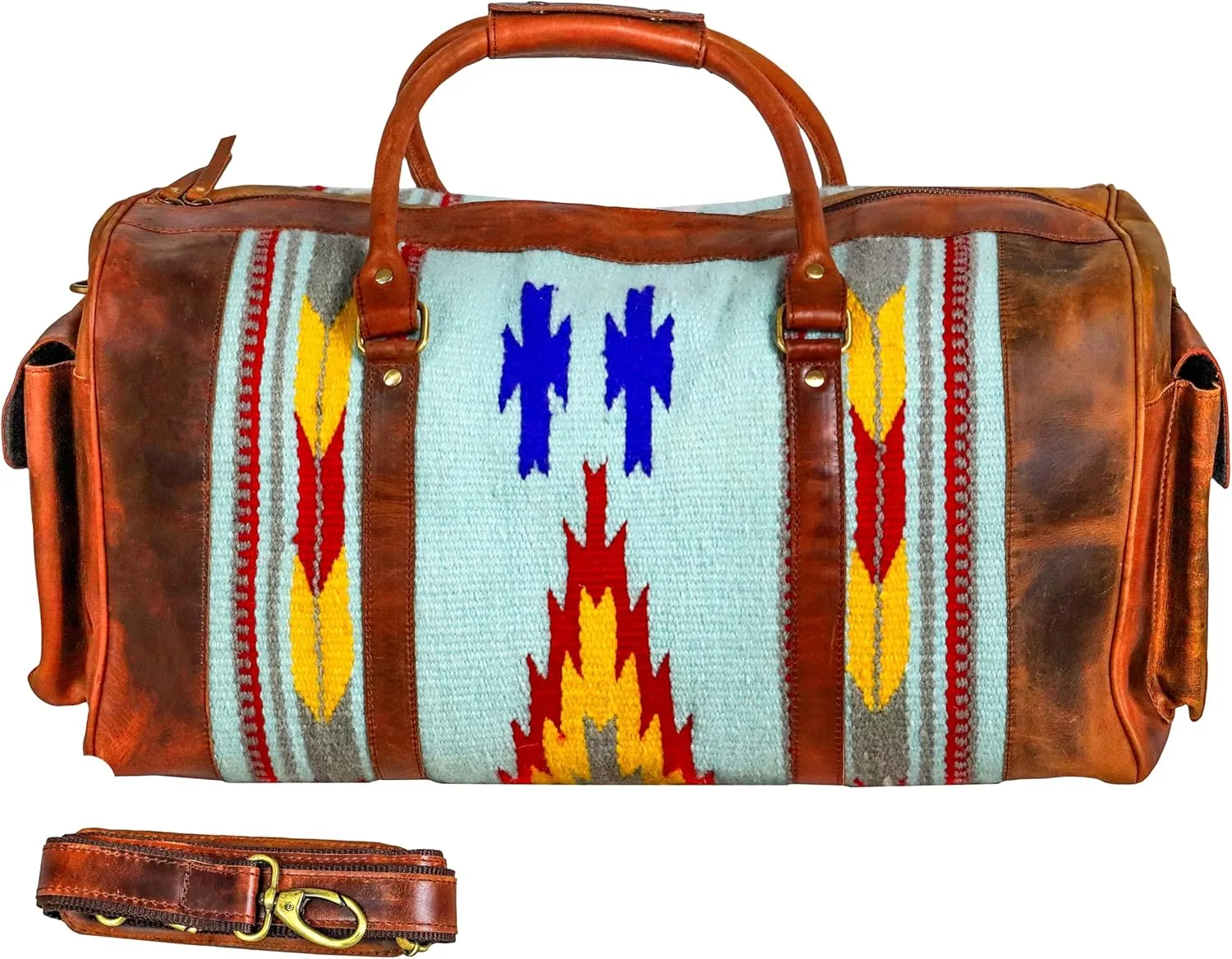 Handmade Premium Duffle Bag leather heavy duty Gym Sports Airplane Overnight Luggage Carry On Unisex Travel woven Rug Bag Wollen Hand Bag Gift for His/Her (RUG DUFFLE BAG DESIGN_06)