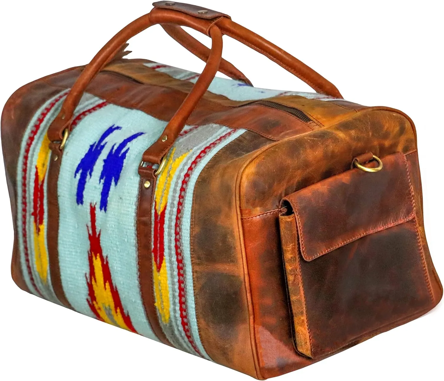 Handmade Premium Duffle Bag leather heavy duty Gym Sports Airplane Overnight Luggage Carry On Unisex Travel woven Rug Bag Wollen Hand Bag Gift for His/Her (RUG DUFFLE BAG DESIGN_06)