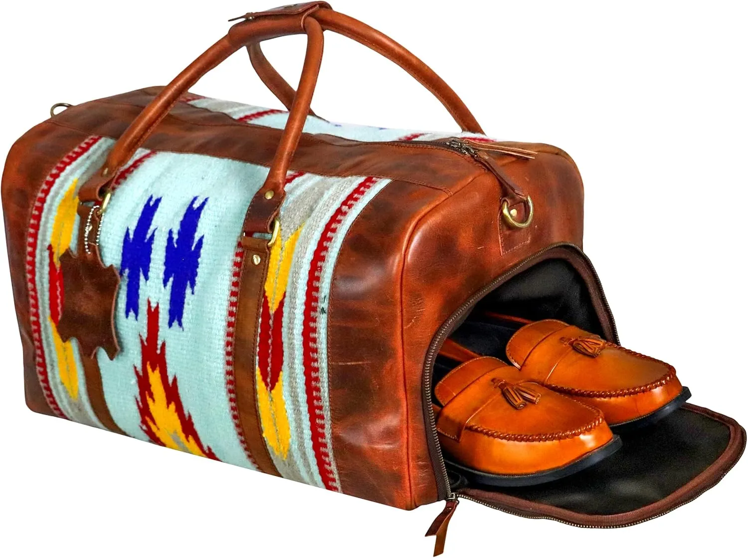 Handmade Premium Duffle Bag leather heavy duty Gym Sports Airplane Overnight Luggage Carry On Unisex Travel woven Rug Bag Wollen Hand Bag Gift for His/Her (RUG DUFFLE BAG MODULE_04)