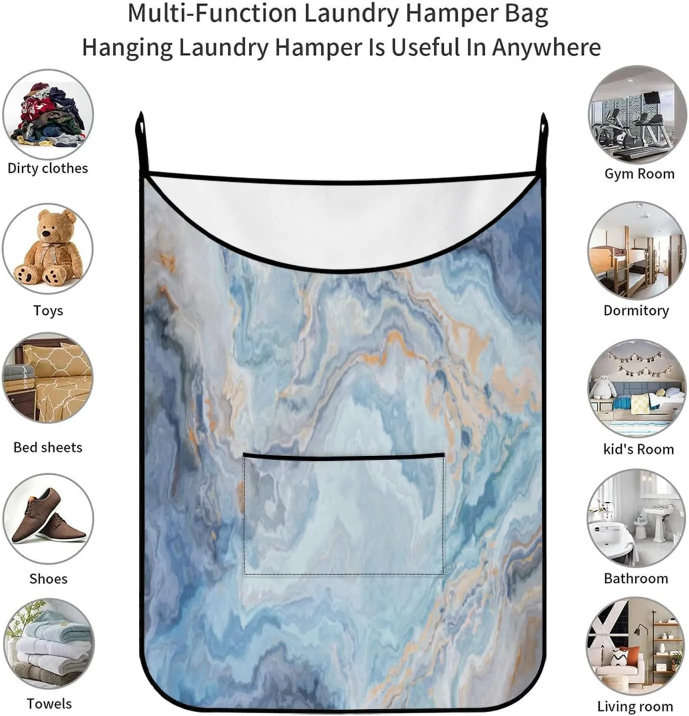Hanging Laundry Bag Blue Marble with Over Door Hooks Durable Space Saving Laundry Bag Wide Open Top